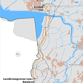 möglicher Trassenverlauf des Abschnitts NDS1 Emden Ost - Landkreisgrenze Leer/ Emsland des BBPlG-Vorhabens 1
