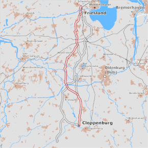 möglicher Trassenverlauf des Abschnitts Friesland – Cloppenburg des BBPlG-Vorhabens 49