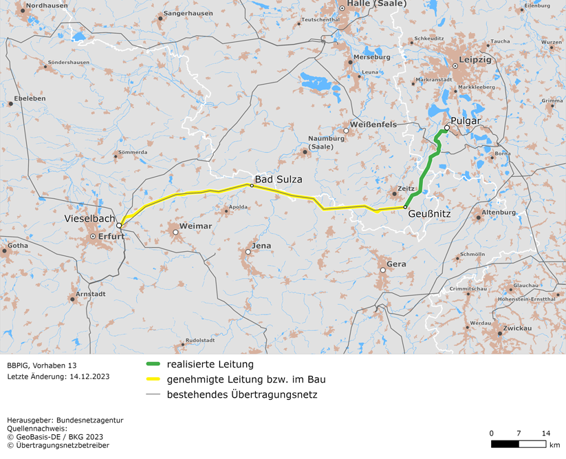 Trassenverlauf der Leitung Pulgar – Vieselbach (BBPlG-Vorhaben 13)