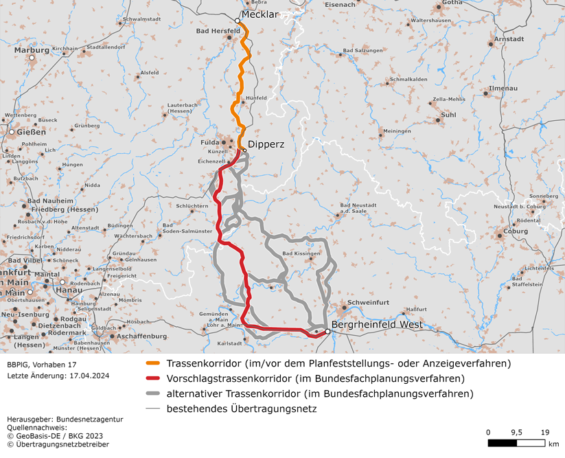 möglicher Trassenverlauf der Leitung zwischen den Netzverknüpfungspunkten Mecklar und Bergrheinfeld West (BBPlG-Vorhaben 17)