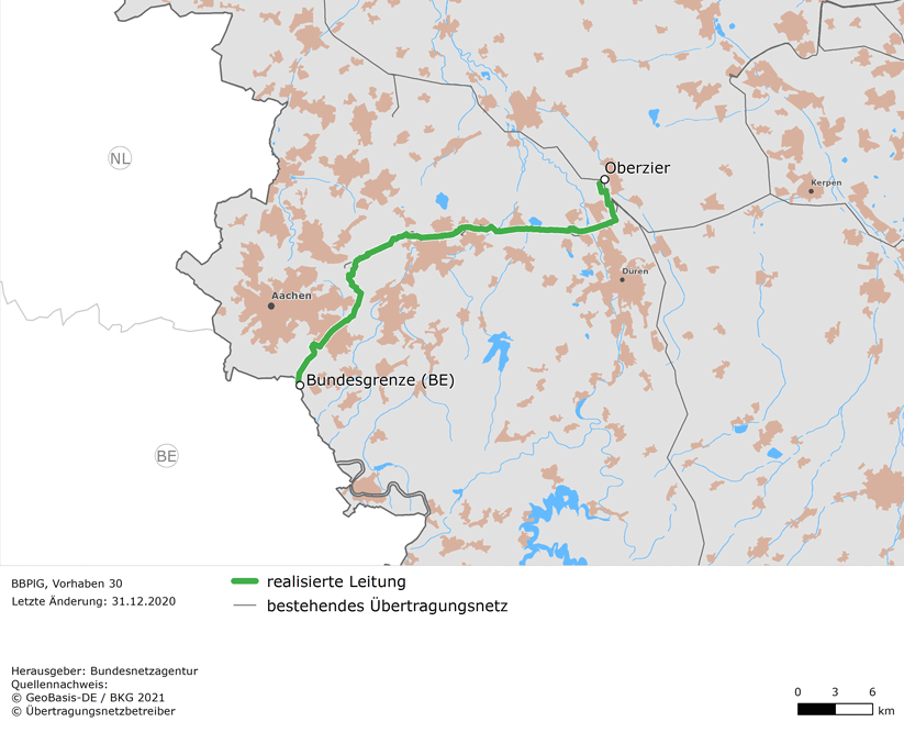 Trassenverlauf der Leitung Oberzier – Bundesgrenze Belgien (BBPlG-Vorhaben 30)