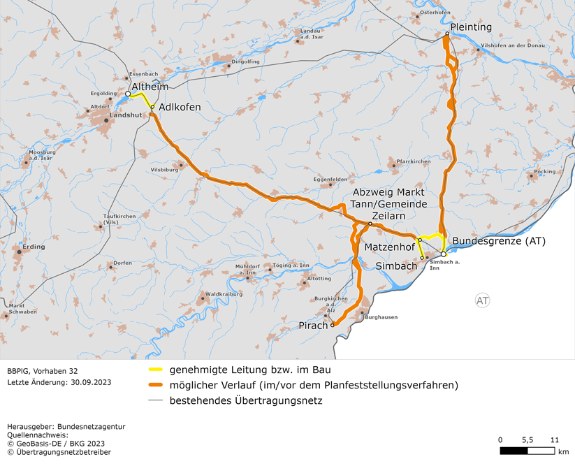 (möglicher) Trassenverlauf der Leitung Altheim – Bundesgrenze (Österreich) – Pleinting mit den Abzweigen Markt Tann / Gemeinde Zeilarn – Pirach und Matzenhof – Simbach (BBPlG-Vorhaben 32)