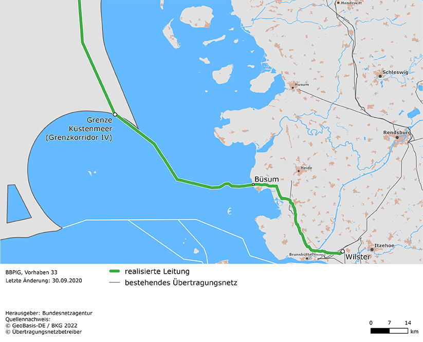 Trassenverlauf der Leitung Schleswig-Holstein – Südnorwegen (BBPlG-Vorhaben 33)