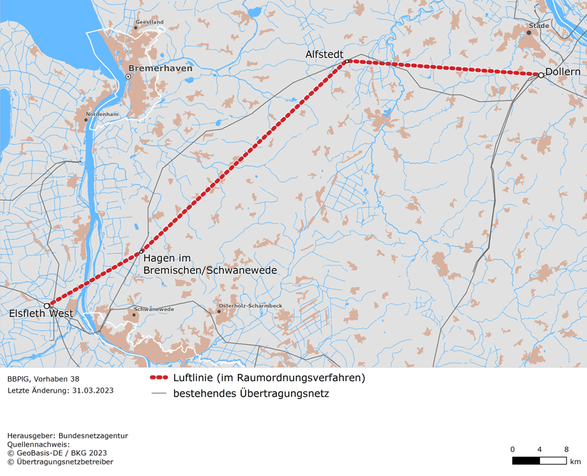 Luftlinie zwischen den Netzverknüpfungspunkten Dollern, Alfstedt, Hagen im Bremischen/Schwanewede und Elsfleth West (BBPlG-Vorhaben 38)