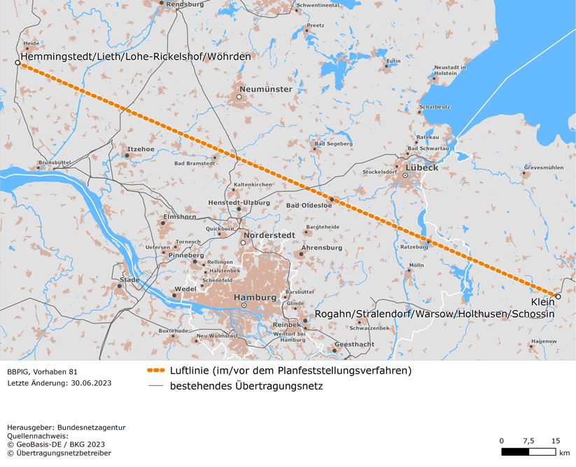Luftlinie zwischen den Netzverknüpfungspunkten Hemmingstedt / Lieth / Lohe-Rickelshof / Wöhrden und Klein Rogahn / Stralendorf / Warsow / Holthusen-Schossin (BBPlG-Vorhaben 81)
