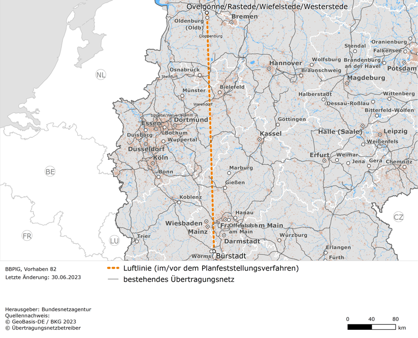 Luftlinie zwischen den Netzverknüpfungspunkten Ovelgönne/Rastede/Wiefelstede/Westerstede und Bürstadt (BBPlG-Vorhaben 82)