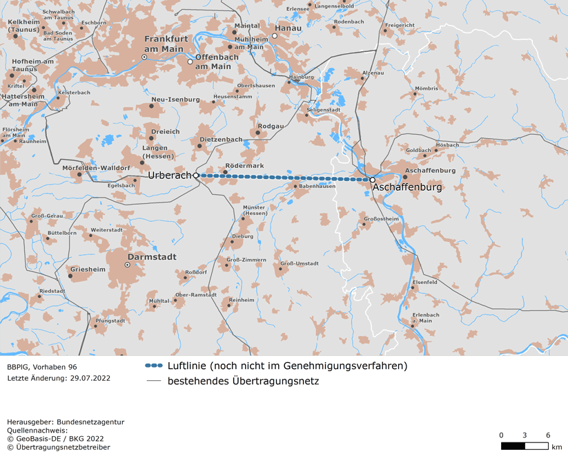 Luftlinie zwischen den Netzverknüpfungspunkten Urberach und Aschaffenburg (BBPlG-Vorhaben 96)