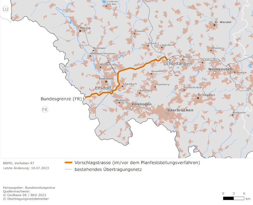 möglicher Trassenverlauf der Leitung Uchtelfangen – Ensdorf – Bundesgrenze Frankreich (BBPlG-Vorhaben 97)