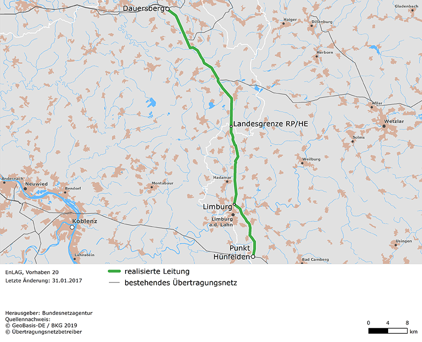 Trassenverlauf der Leitung Dauersberg - Hünfelden (EnLAG-Vorhaben 20)