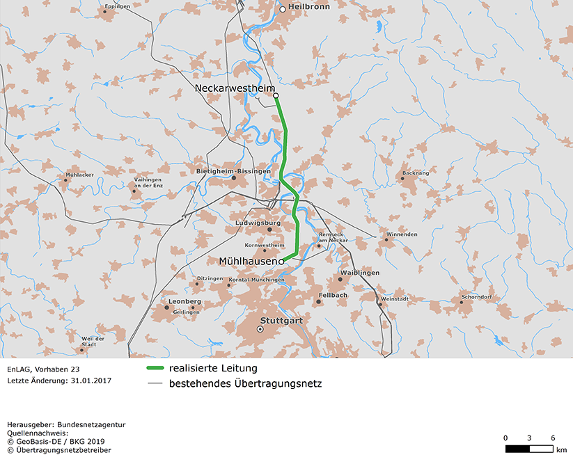 Trassenverlauf der Leitung Neckarwestheim - Mühlhausen (EnLAG-Vorhaben 23)