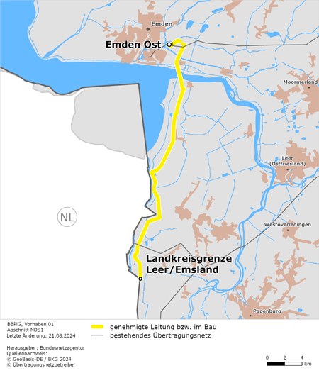 Trassenverlauf des Abschnitts NDS1 Emden Ost - Landkreisgrenze Leer/ Emsland des BBPlG-Vorhabens 1 Trassenverlauf des Abschnitts NDS1 Emden Ost - Landkreisgrenze Leer/ Emsland des BBPlG-Vorhabens 1