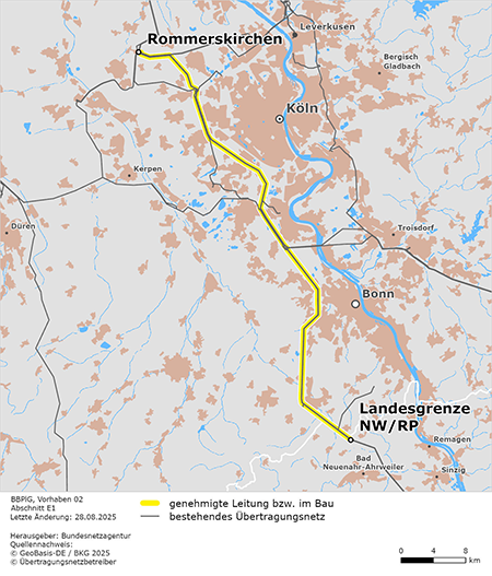 Trassenverlauf des Abschnitts Rommerskirchen – Landesgrenze NRW/RP des BBPlG-Vorhabens 2; eine detaillierte Darstellung finden Sie in den Antragsunterlagen Trassenverlauf des Abschnitts Rommerskirchen – Landesgrenze NRW/RP des BBPlG-Vorhabens 2; eine detaillierte Darstellung finden Sie in den Antragsunterlagen