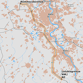 Trassenverlauf des Abschnitts Rommerskirchen – Landesgrenze NRW/RP des BBPlG-Vorhabens 2; eine detaillierte Darstellung finden Sie in den Antragsunterlagen