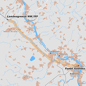 möglicher Trassenverlauf des Abschnitts Landesgrenze NRW/RP – Punkt Koblenz des BBPlG-Vorhabens 2