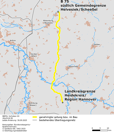 Trassenverlauf des Abschnitts zwischen den Punkten B 75 südlich Gemeindegrenze Helvesiek / Scheeßel und Grenze Heidekreis / Region Hannover Trassenverlauf des Abschnitts zwischen den Punkten B 75 südlich Gemeindegrenze Helvesiek / Scheeßel und Grenze Heidekreis / Region Hannover