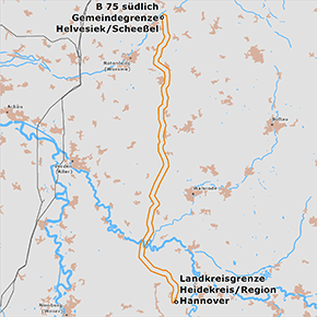 möglicher Trassenverlauf des Abschnitts zwischen den Punkten B 75 südlich Gemeinde­grenze Helve­siek / Scheeßel und Grenze Heide­kreis / Region Hannover