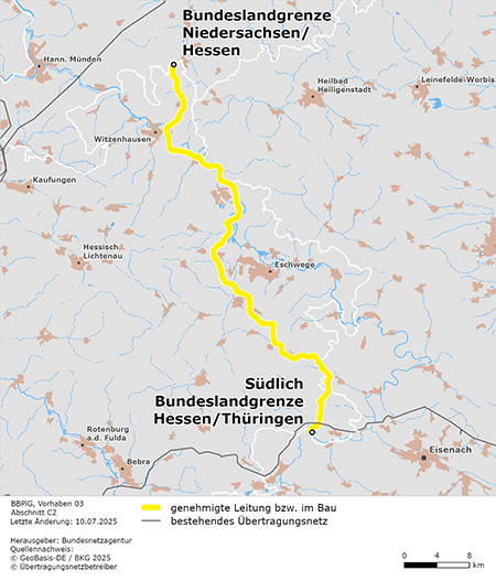 Trassenverlauf des Abschnitts Landesgrenze Niedersachsen/Hessen und südliche Landesgrenze Hessen/Thüringen des BBPlG-Vorhabens 3; eine detaillierte Darstellung finden Sie in den Antragsunterlagen Trassenverlauf des Abschnitts Landesgrenze Niedersachsen/Hessen und südliche Landesgrenze Hessen/Thüringen des BBPlG-Vorhabens 3; eine detaillierte Darstellung finden Sie in den Antragsunterlagen