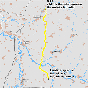 Trassenverlauf des Abschnitts zwischen den Punkten B 75 südlich Gemeindegrenze Helvesiek/Scheeßel und Grenze Heidekreis / Region Hannover Trassenverlauf des Abschnitts zwischen den Punkten B 75 südlich Gemeindegrenze Helvesiek/Scheeßel und Grenze Heidekreis / Region Hannover