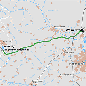 Trassenverlauf des Abschnitts Wolmirstedt – Regelzonengrenze des BBPlG-Vorhabens 10