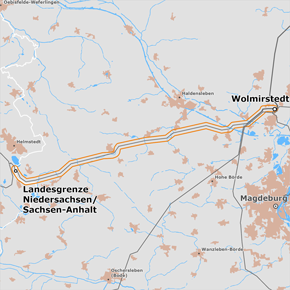 Trassenverlauf des Abschnitts Landesgrenze Niedersachsen/Sachsen-Anhalt – Wolmirstedt des BBPlG-Vorhabens 10