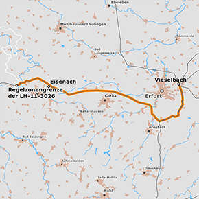 möglicher Trassenverlauf des Abschnitts A (Vieselbach – Regelzonengrenze) des BBPlG-Vorhabens 12