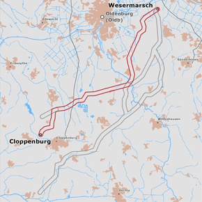 möglicher Trassenverlauf des Abschnitts Wesermarsch – Cloppenburg des BBPlG-Vorhabens 48