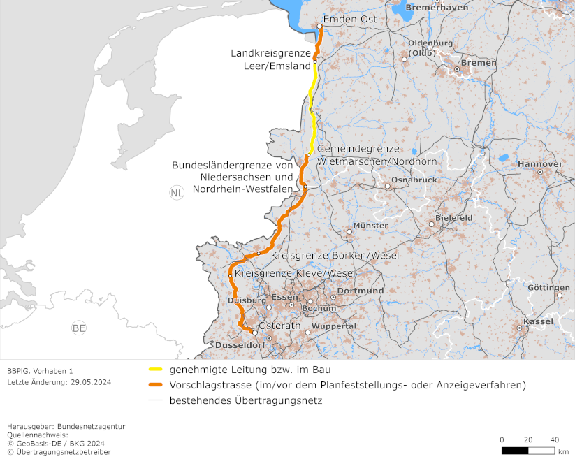 Trassenverlauf der Leitung Emden Ost – Osterath (BBPlG-Vorhaben 1)