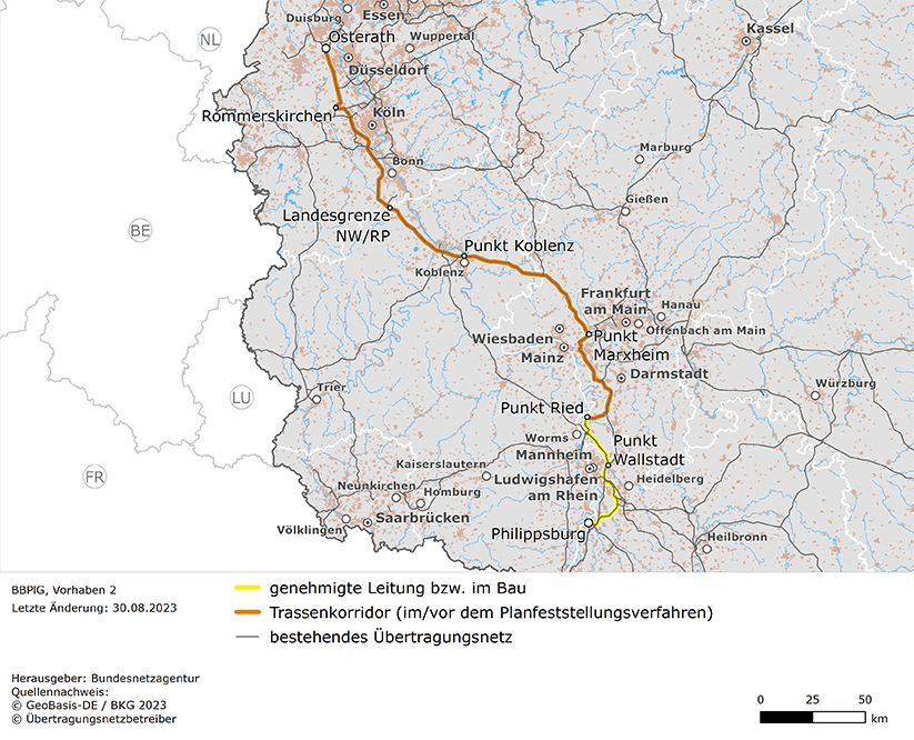 (möglicher) Trassenverlauf der Leitung Osterath – Philippsburg (BBPlG-Vorhaben 2)