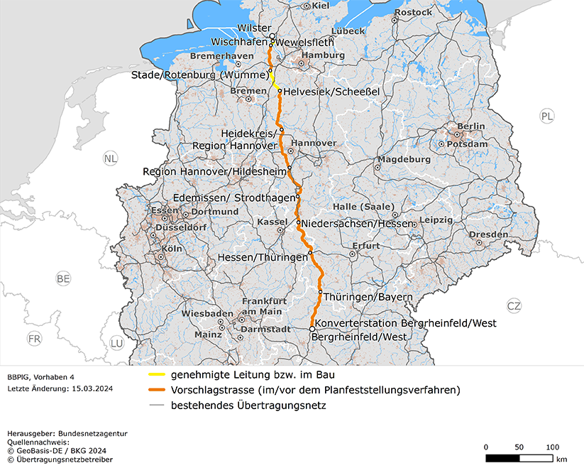 (möglicher) Trassenverlauf der Leitung Wilster – Bergrheinfeld/West (BBPlG-Vorhaben 4)