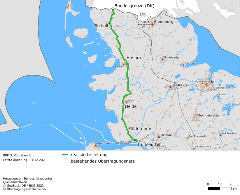 Trassenverlauf der Leitung Brunsbüttel – Bundesgrenze Dänemark (BBPlG-Vorhaben 8)