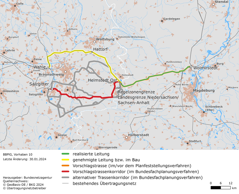 (möglicher) Trassen- und Leitungsverlauf zwischen den Netzverknüpfungspunkten Wolmirstedt, Helmstedt Ost und Wahle (BBPlG-Vorhaben 10)