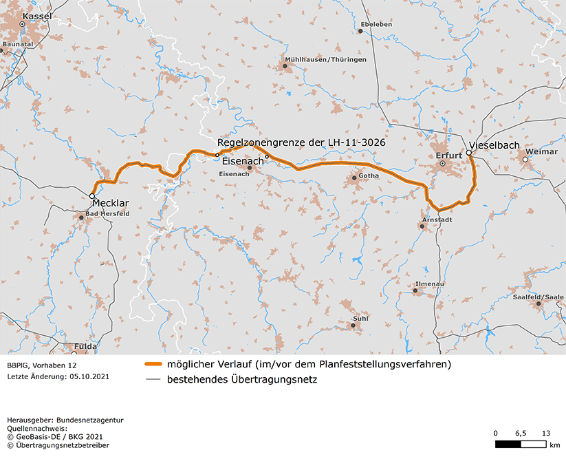 möglicher Trassenverlauf der Leitung Vieselbach – Eisenach – Mecklar (BBPlG-Vorhaben 12)