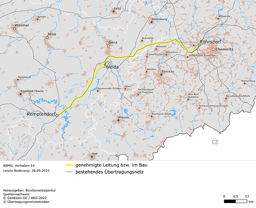 Trassenverlauf der Leitung Röhrsdorf – Weida – Remptendorf (BBPlG-Vorhaben 14); eine detaillierte Darstellung finden Sie in den Antragsunterlagen