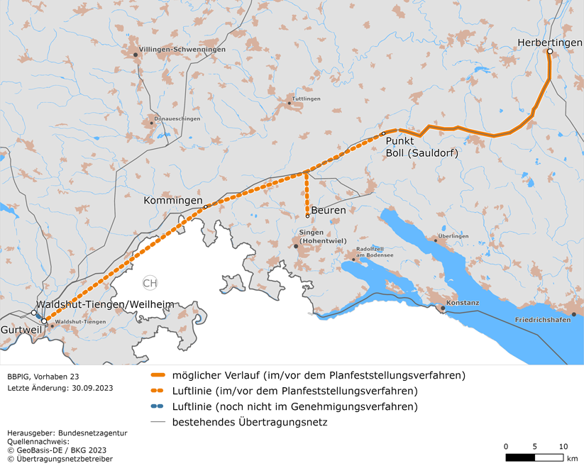 Luftlinie und möglicher Trassenverlauf zwischen den Netzverknüpfungspunkten Herbertingen, Waldshut-Tiengen, Waldshut-Tiengen/Weilheim mit Abzweig Pfullendorf/Wald und Abzweig Beuren (BBPlG-Vorhaben 23)