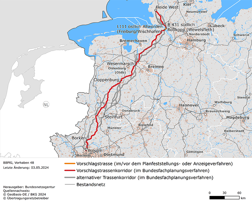möglicher Trassenverlauf der Leitung Heide West – Polsum (BBPlG-Vorhaben 48)