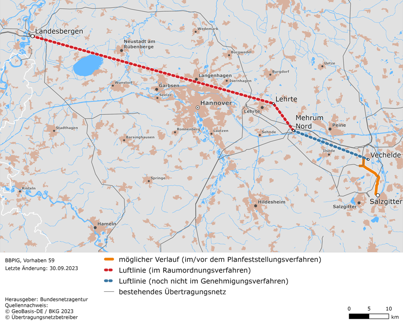 Luftlinien und möglicher Trassenverlauf zwischen den Netzverknüpfungspunkten Landesbergen, Lehrte, Mehrum Nord, Vechelde und Salzgitter (BBPlG-Vorhaben 59). 