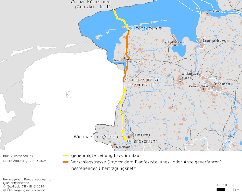 (möglicher) Trassenverlauf der Leitung zwischen Hanekenfähr, Emden und der Grenze des deutschen Küstenmeeres (BBPlG-Vorhaben 78)