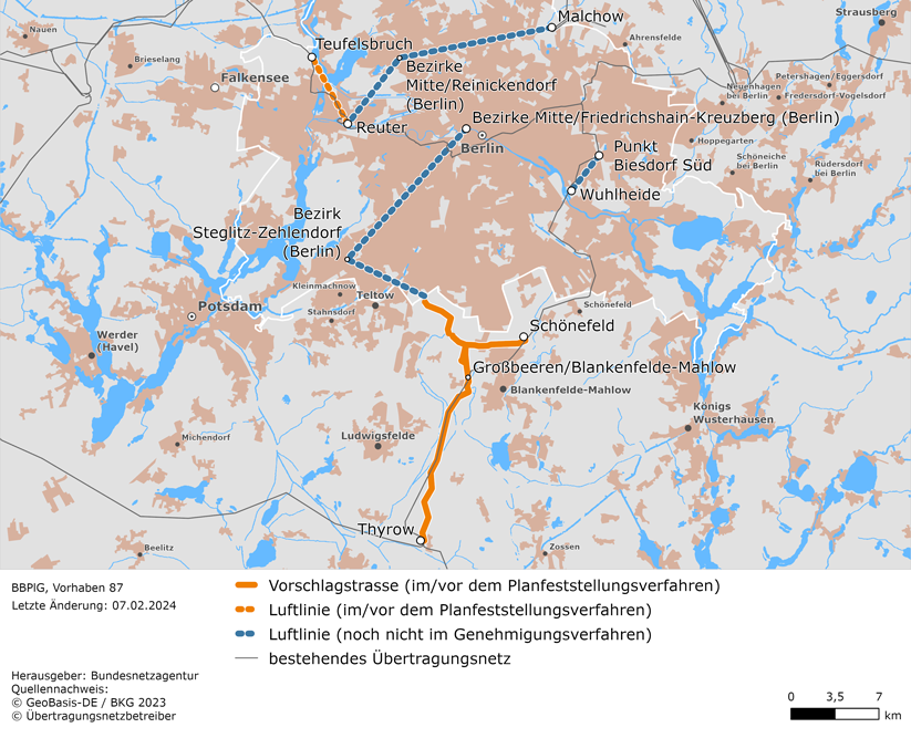 Luftlinien und mögliche Trassenverläufe des Vorhabens Netzausbau und Verstärkung Berlin