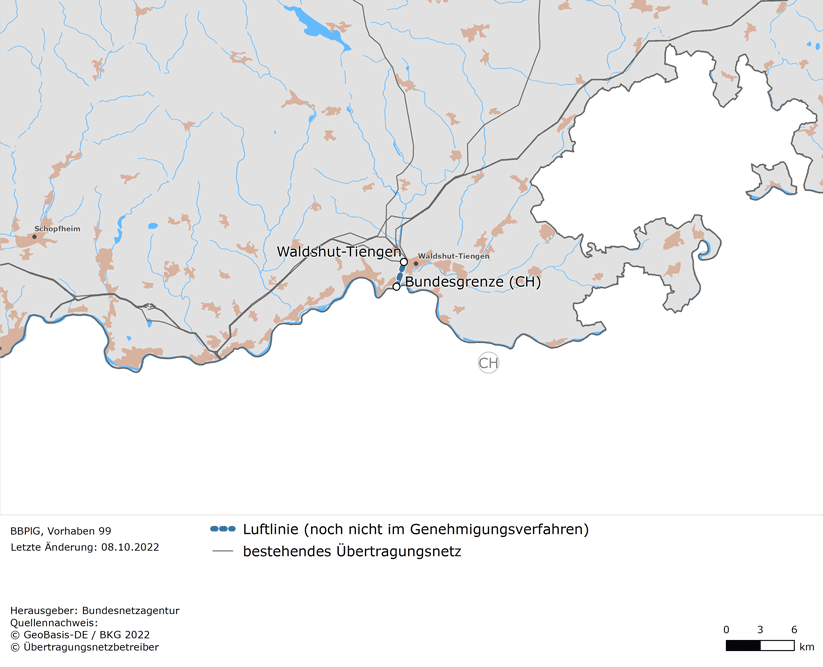 Luftlinie zwischen den Netzverknüpfungspunkten Bundesgrenze Schweiz und Waldshut-Tiengen (BBPlG-Vorhaben 99)