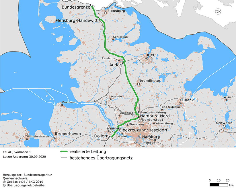 (möglicher) Trassenverlauf der Leitung Kassø - Hamburg Nord - Dollern (EnLAG-Vorhaben 1)