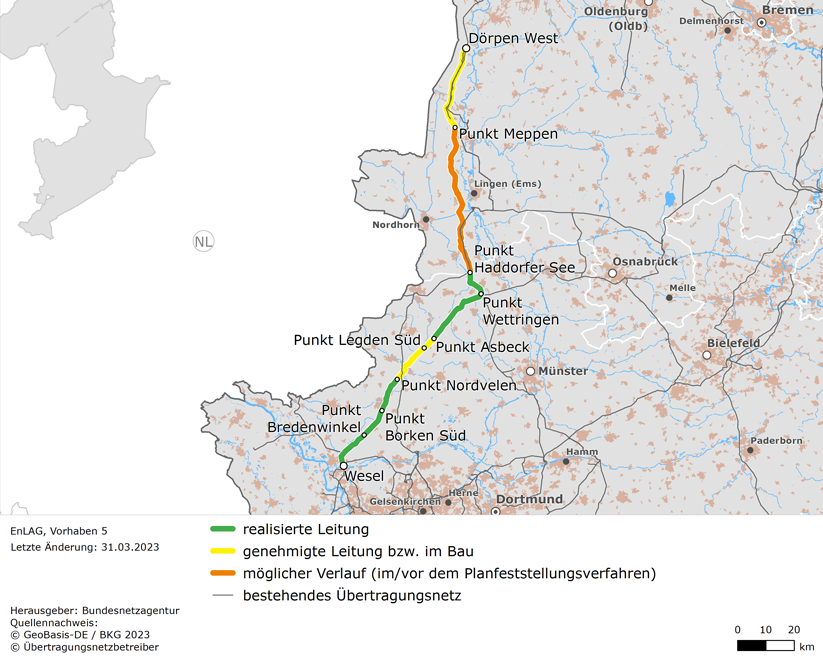 (möglicher) Trassenverlauf der Leitung Dörpen West - Niederrhein (EnLAG-Vorhaben 5) 