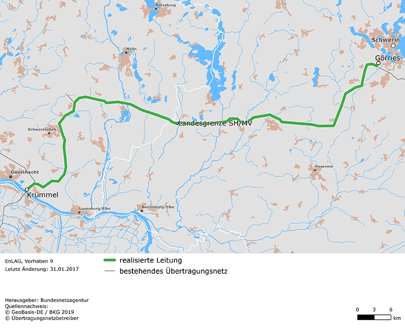 Trassenverlauf der Leitung Hamburg/Krümmel - Schwerin (EnLAG-Vorhaben 9)