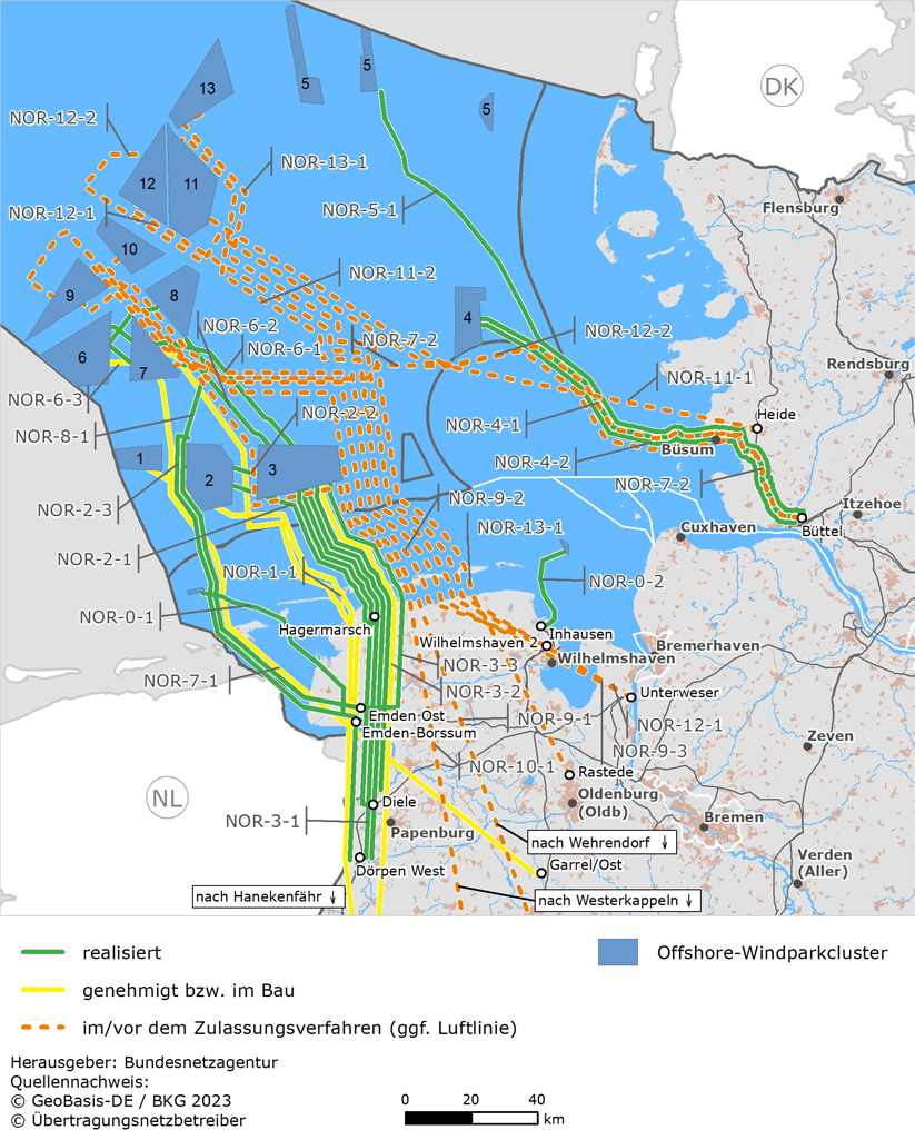 schematische Darstellung der Offshore-Vorhaben in der Nordsee