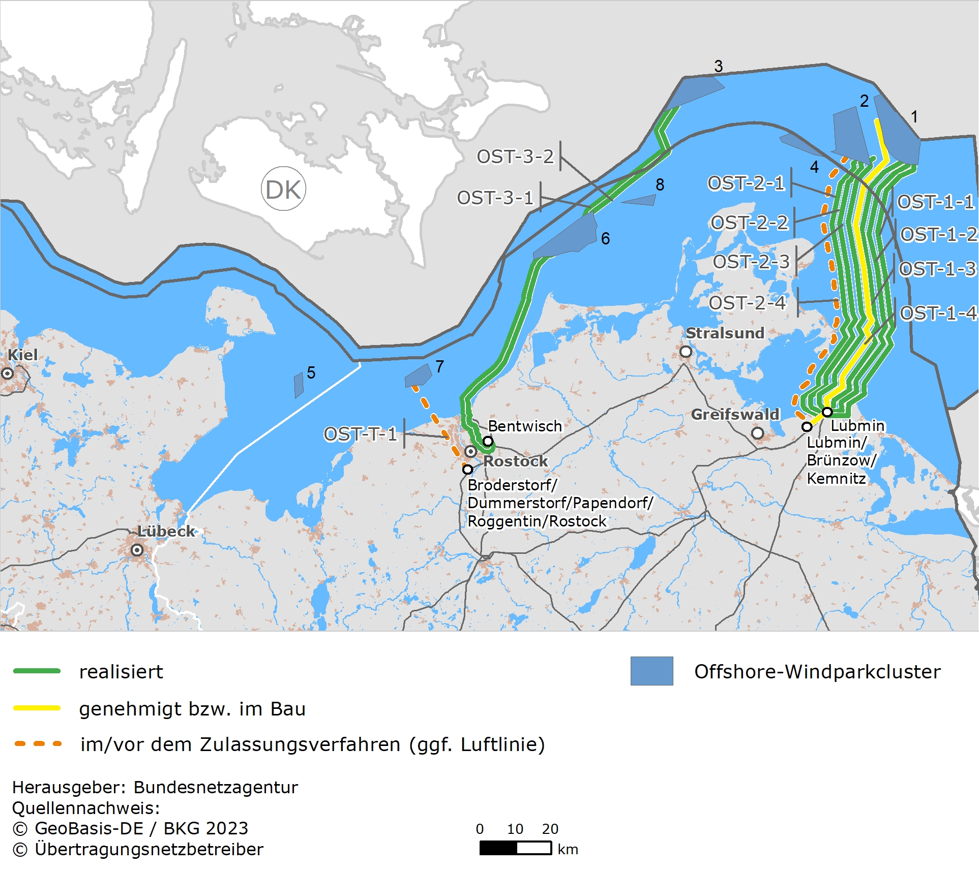 schematische Darstellung der Offshore-Vorhaben in der Ostsee